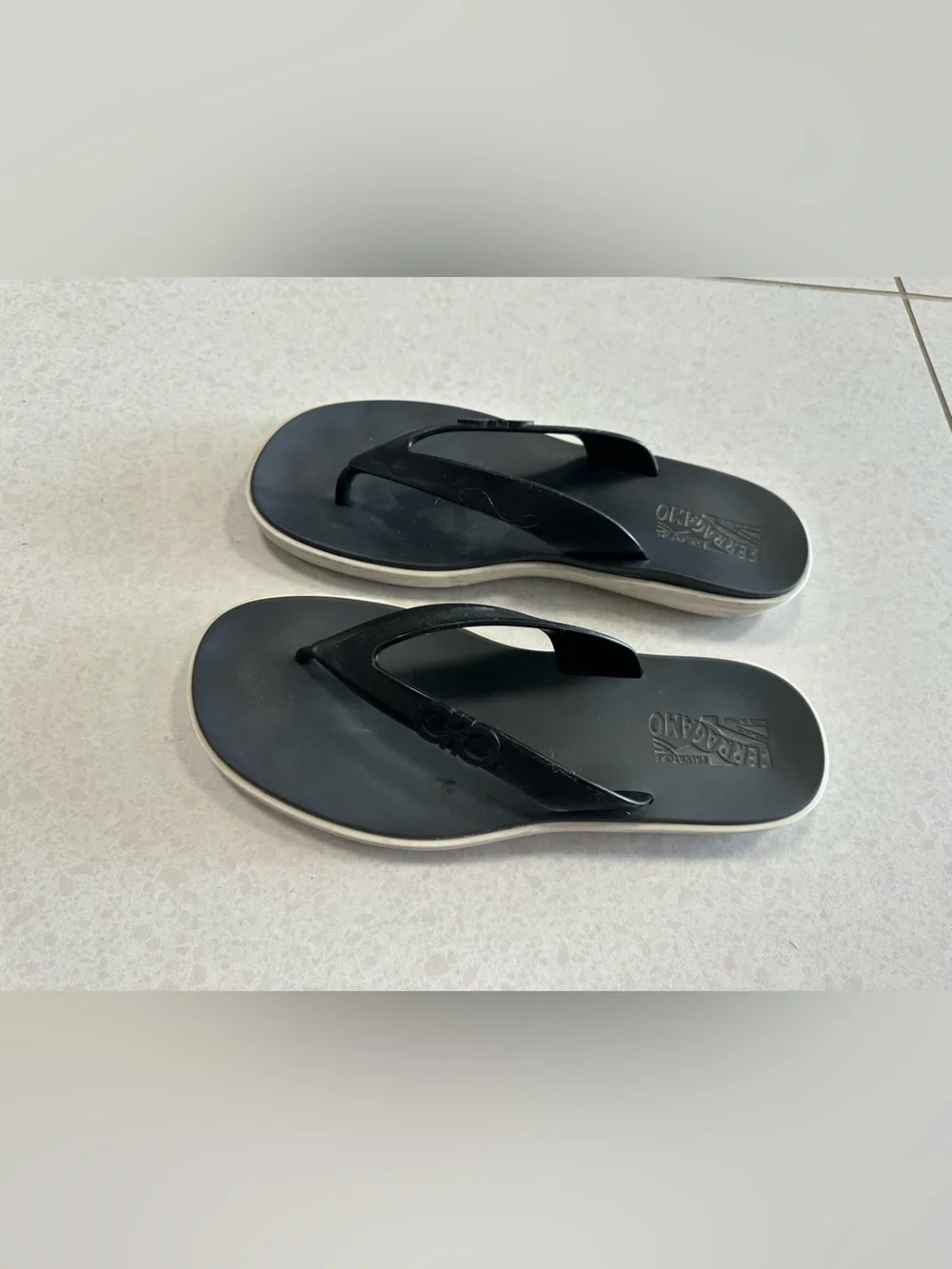 Salvatore Ferragamo Black and White Rubber Flip Flops